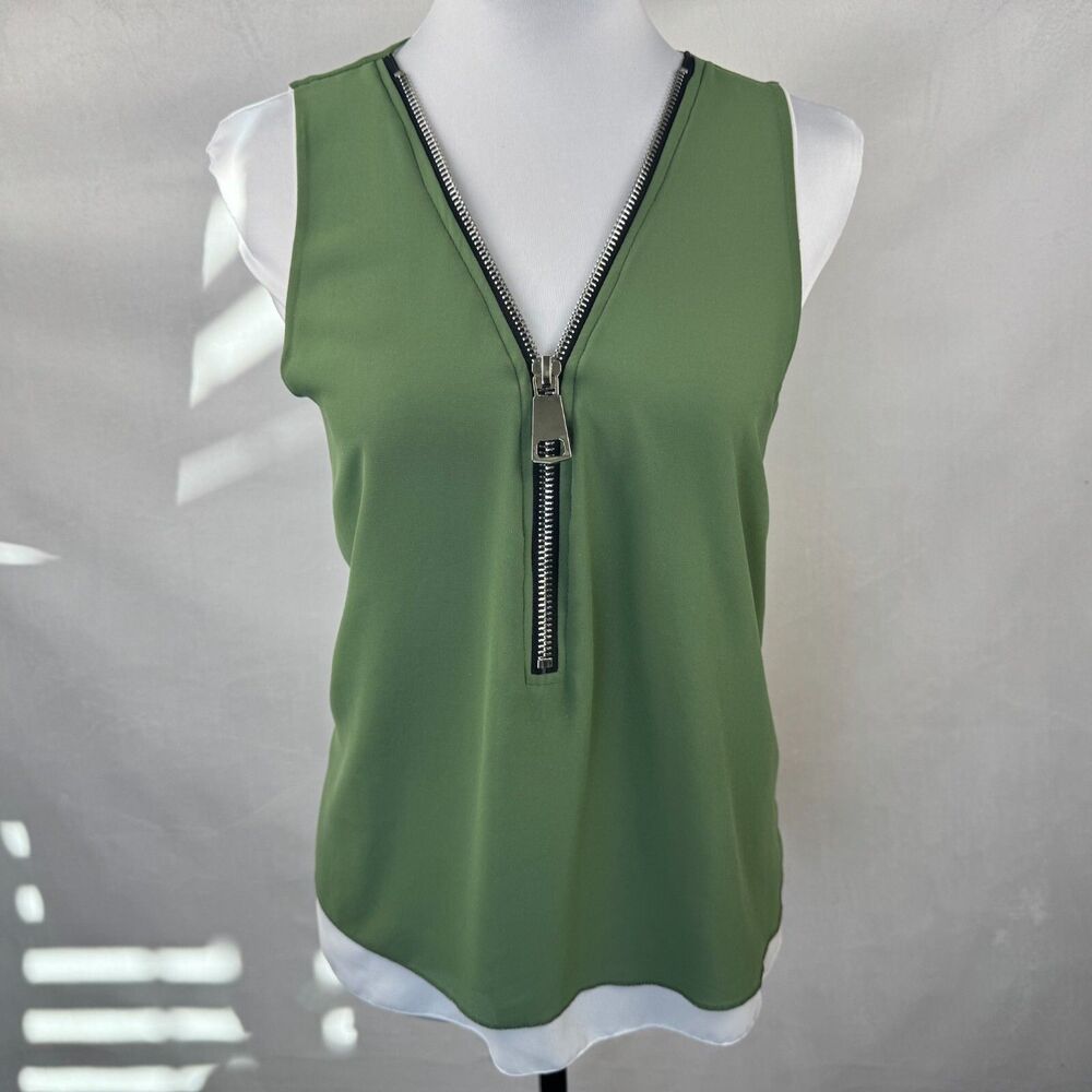 Blue Sand Sz S Green Tank Top Front Zipper Sleeveless 2 Layered